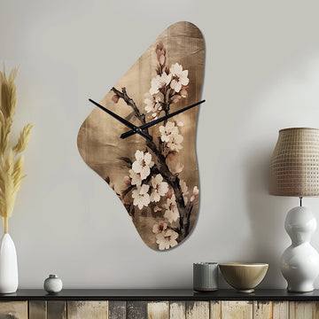 Cherry Blossoms Brown Dark Solitude I - Asymmetric Metal Wall Clock